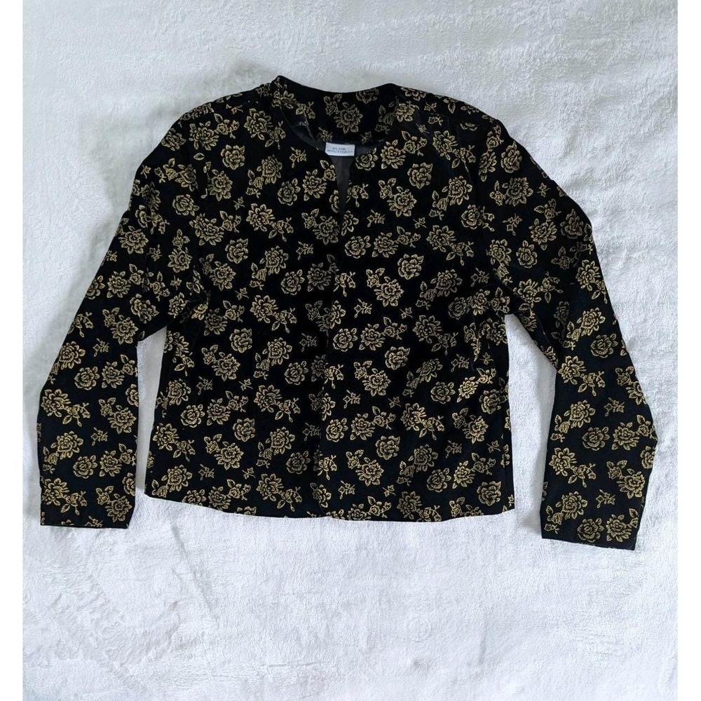 Vtg 90s Jacket Black Velvet Gold Floral Open Front Regencycore Whimsigoth
